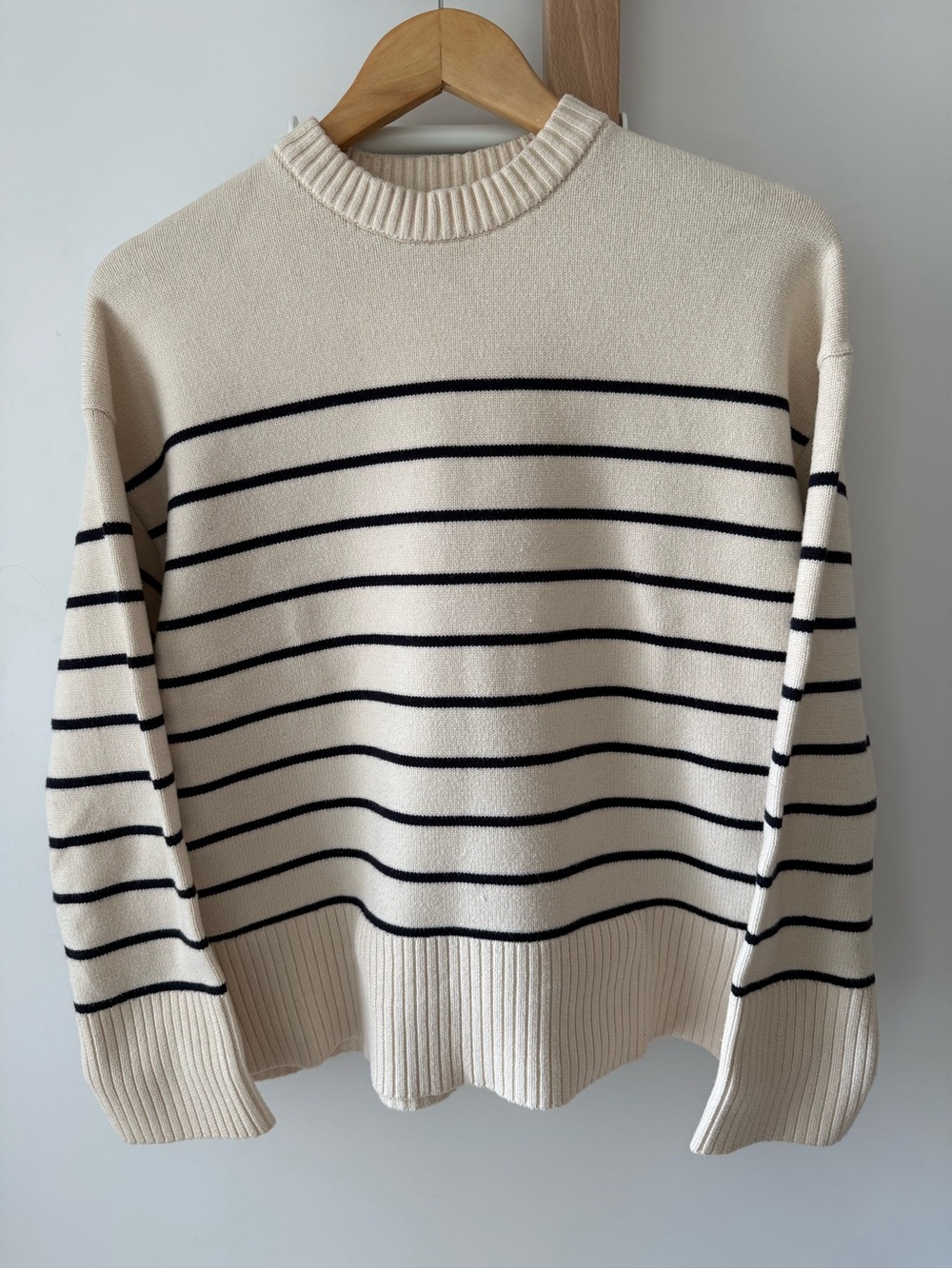 Zara Cream and Navy Striped Crewneck Sweater
